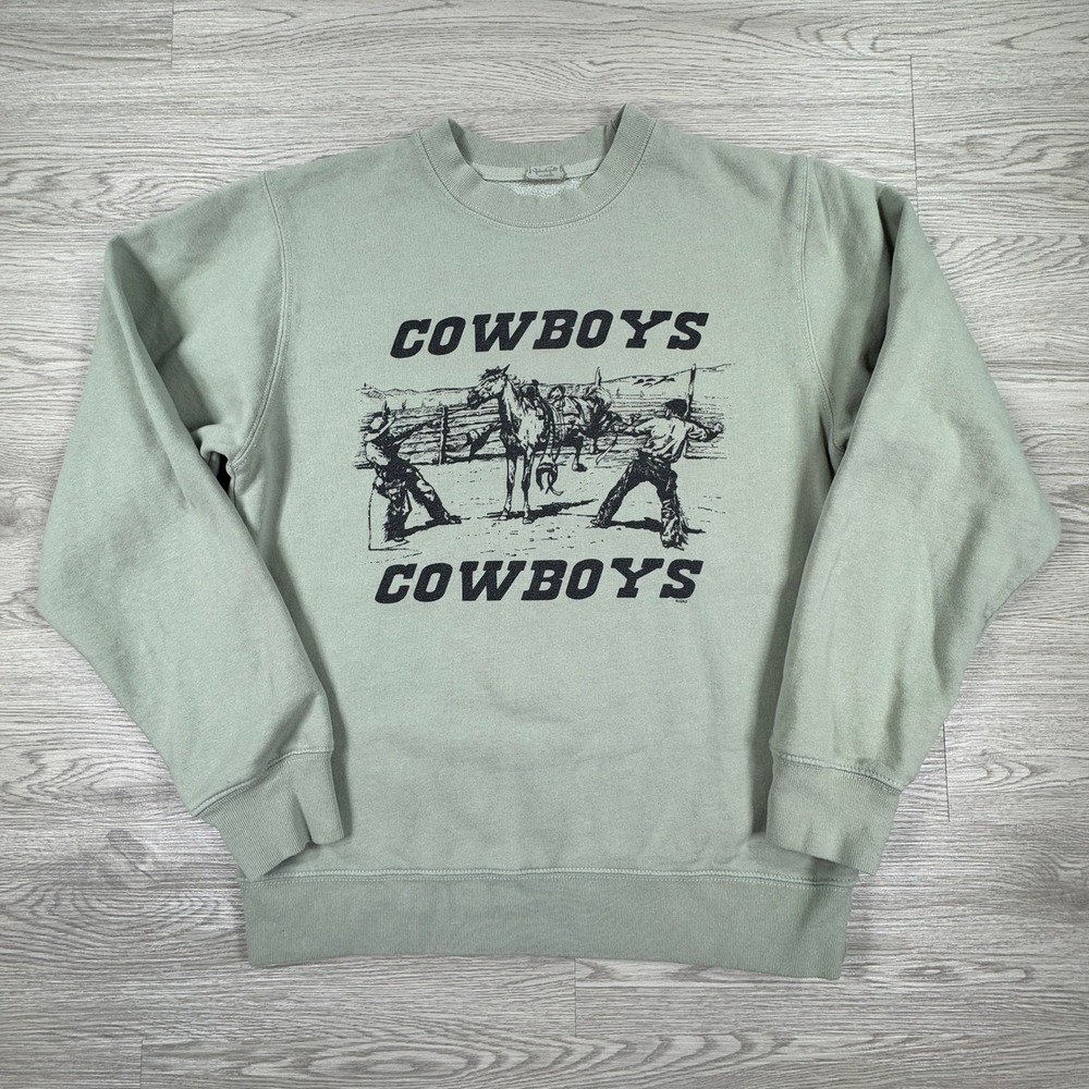 J Galt Mens Sweatshirt Cowboys Graphic Sage Green M/L Western Crewneck‎ Pullover